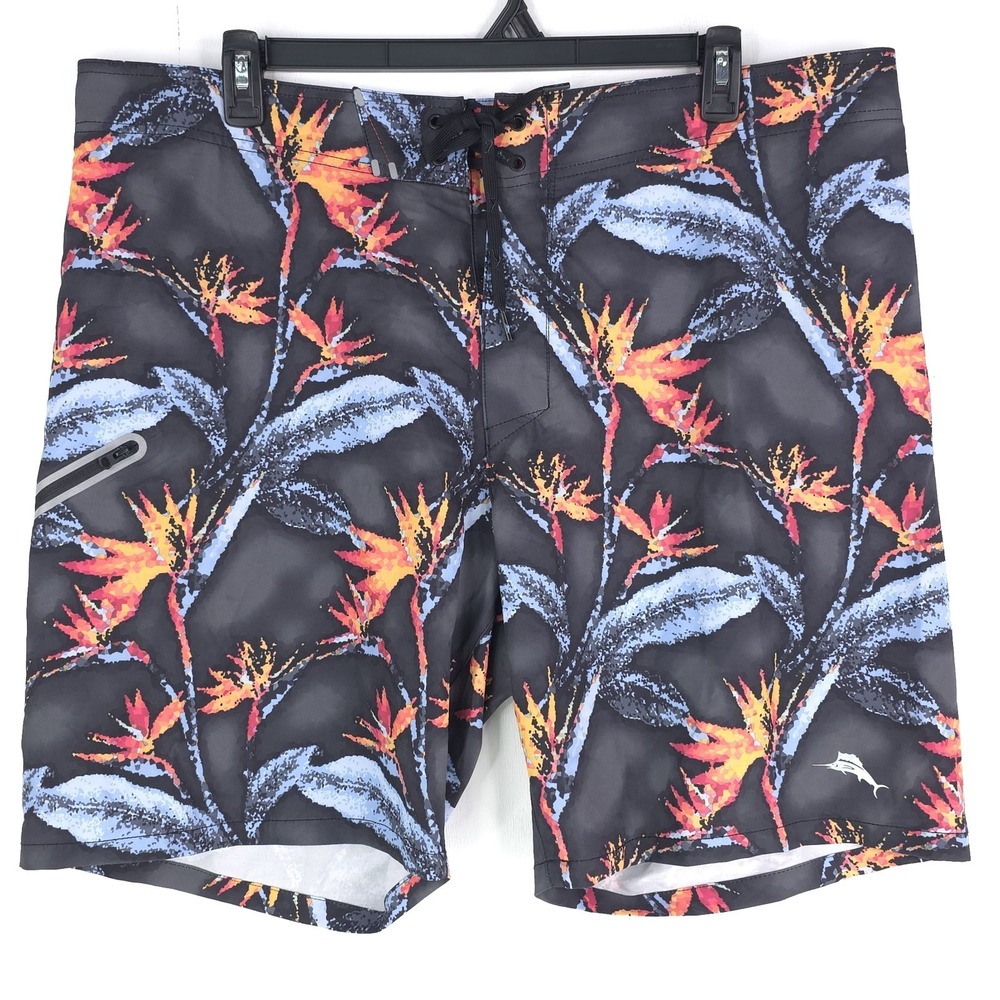 Tommy Bahama Island Active Men 42 Board Shorts Black AOP Tropical Branch Print